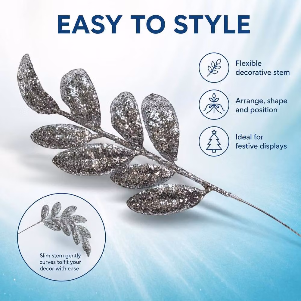 Shatchi Silver Glitter Walnut Leaf Christmas Tree Picks, 6 Pack, Height: 35 cm – 4