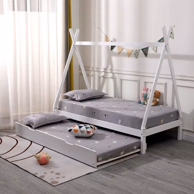 SlumberWorx Harry Kids Wooden Teepee Tent Single Bed Frame with Guest Trundle and Mattresses in White and Grey, W/D/H: 90 x 190 cm