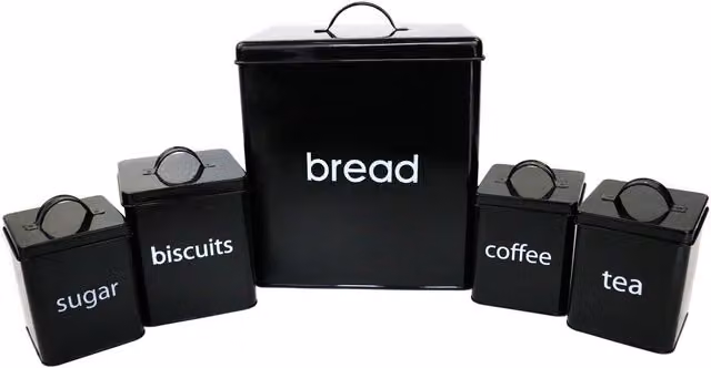 Oypla 5 Piece Black Metal Kitchen Canister Storage Tin Set