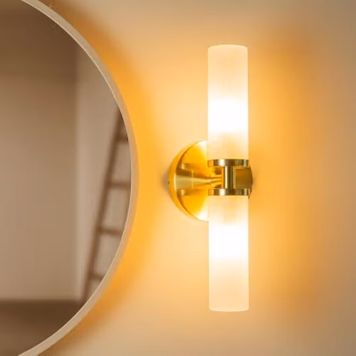 ValueLights Gold and Brass IP44 Up and Down 2 Way Wall Light with Glass Shade and LED Bulb for Bathrooms – 2