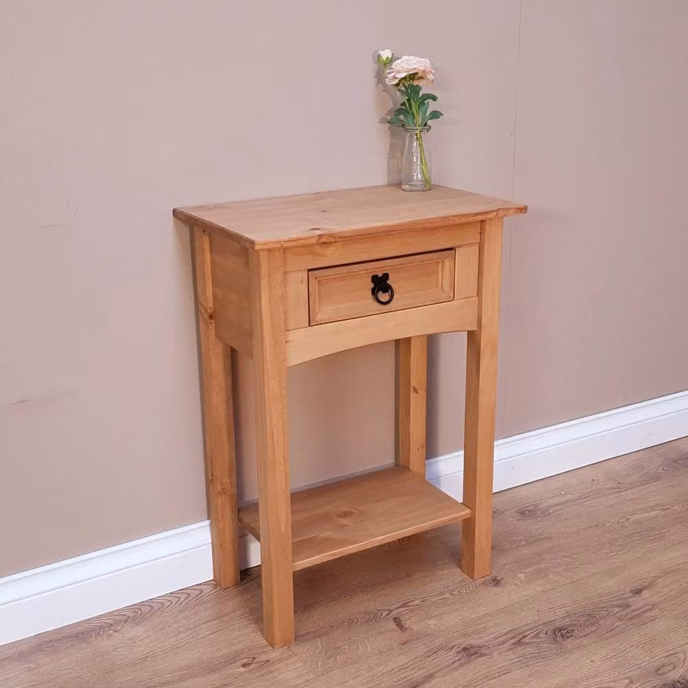 NESTLUNE Solid Pine Wood 1 Drawer Console Hallway Side Display Table, Brown, W/D/H: 100 x 100 x 100 cm – 3