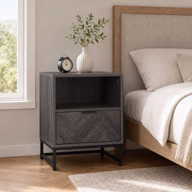 STILVORA Bedside Cabinet with Drawer and Shelf in Grey and Black