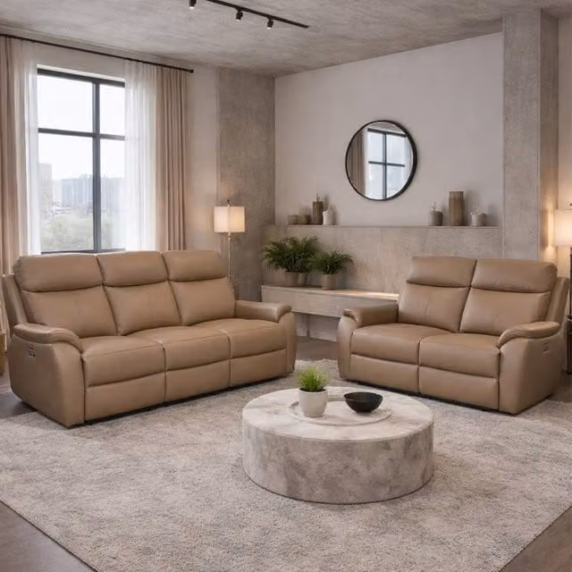 Aspire Kingsmere 3 + 2 Power Recliner Sofa Set in Real Leather, Beige – 1