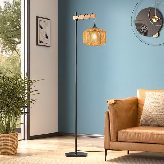 Lifeideas Metal Floor Lamp with Rustic String-Wrapped Cylinder Shade in Brown and Black