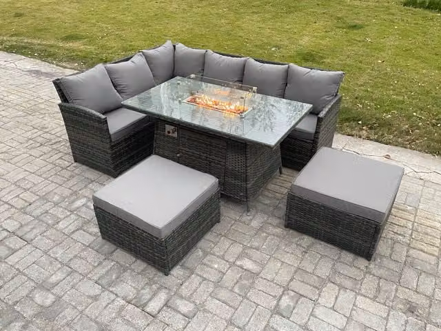 Fimous 8 Seater Rattan Garden Furniture Set with High Back Corner Sofa, Gas Fire Pit Dining Table and 2 Footstools in Dark Grey Mixed