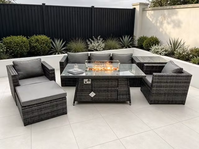 Fimous Modern Rectangular Rattan Gas Fire Pit Dining Coffee Table in Dark Grey