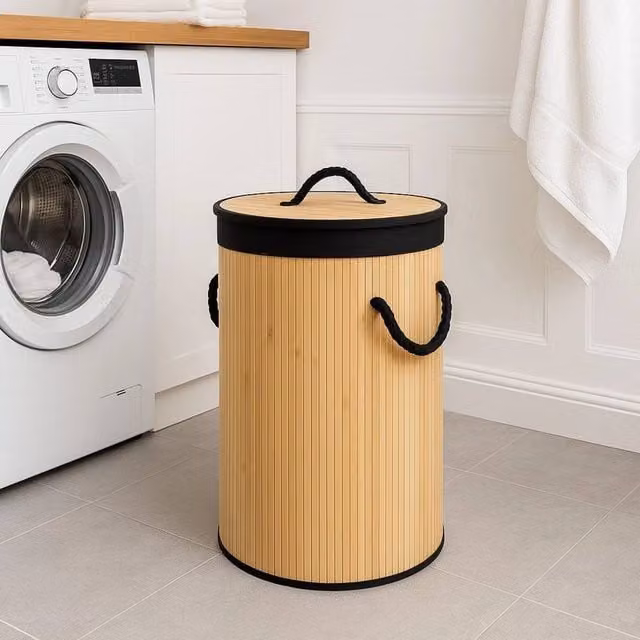 Marco Paul Collapsible Bamboo Laundry Washing Basket in Brown and Beige – 1