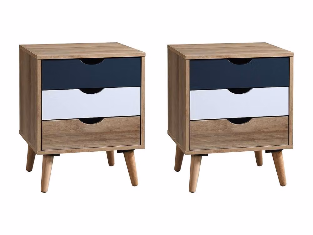Vente-unique Set of 2 Mid-Century Bedside Tables with 3 Drawers, White and Blue, W/D/H: 40 x 40 x 57 cm – 2