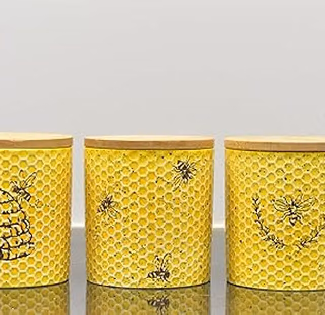 DEENZ Set of 3 Ceramic Bee Storage Canisters with Airtight Wood Lids, Yellow and Black, W/D/H: 16 x 12 x 12 cm