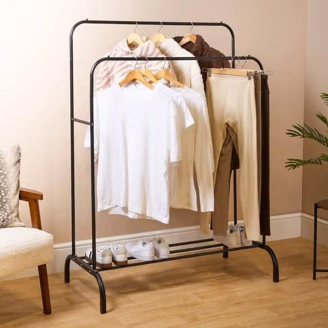 OHS Heavy Duty Black Metal Double Clothes Rail with Shoe Rack, W/D/H: 120 x 40 x 149 cm – 3