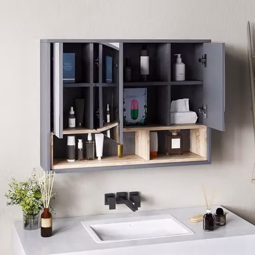 HOMCOM Grey 3-Door Wall-Mounted Bathroom Mirror Cabinet with Internal Shelves – 4