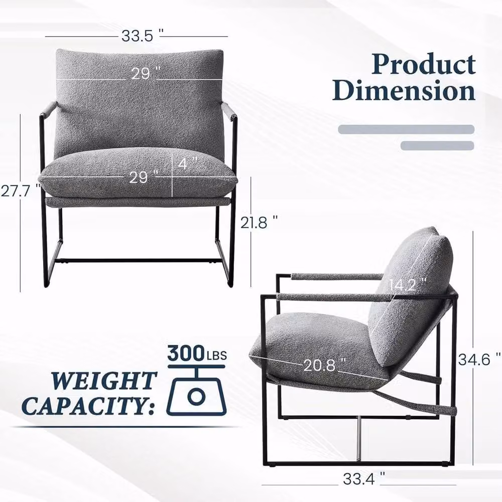 KORVIXA Modern Lounge Armchair in Grey Bouclé Fabric with Metal Frame – 2