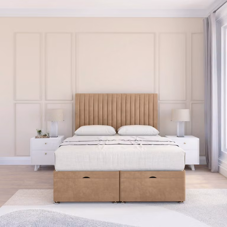 Sloomy Manhattan Naples Single Fabric Ottoman Bed in Light Sand with Sprung Memory Mattress and 26 Inch Strut Headboard, W/D/H: 90 x 200 cm