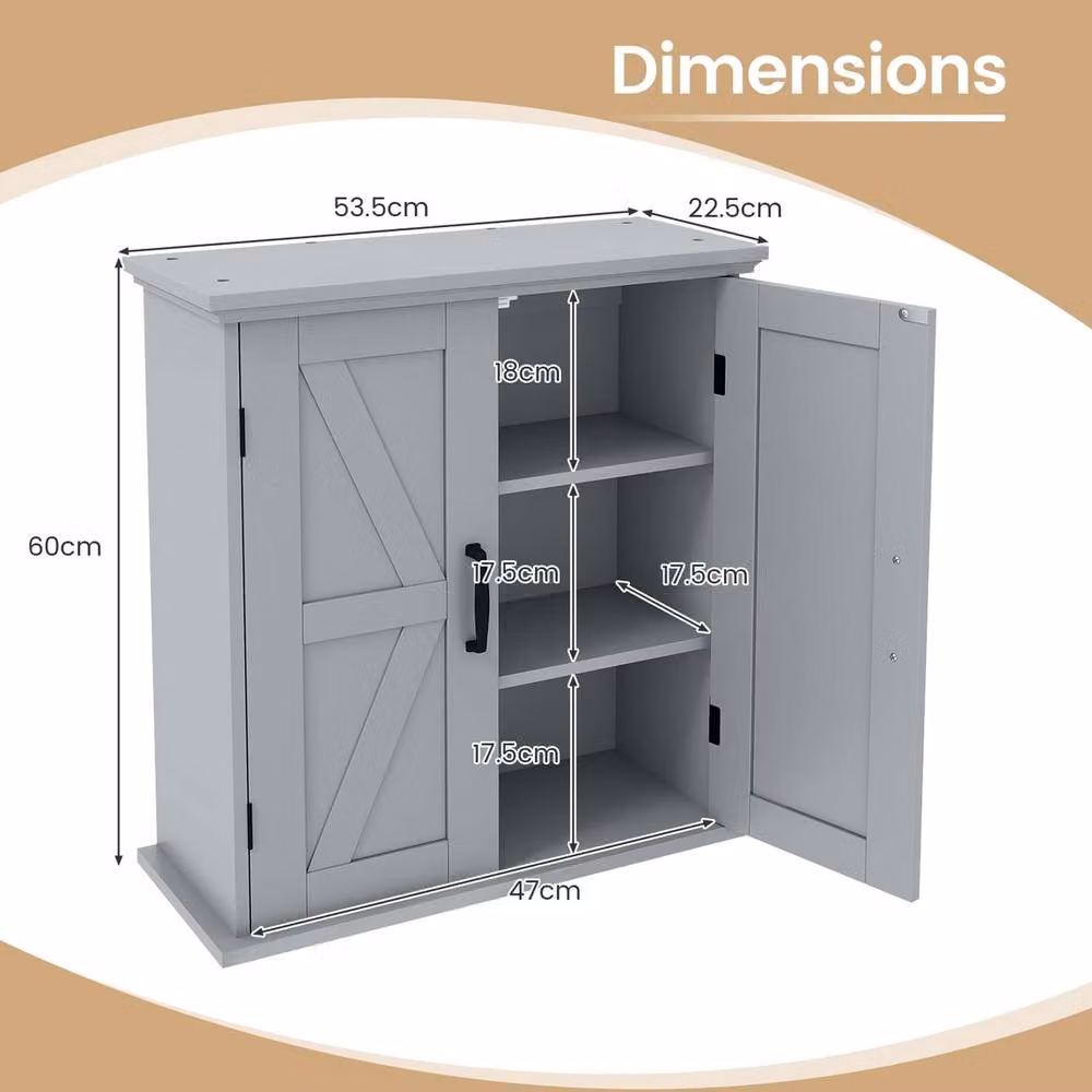 VOGREX Grey Farmhouse Wall Mounted Bathroom Cabinet with 2 Hinged Doors and Internal Shelves – 2