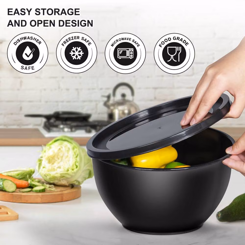 Greentainer 5-Piece Nesting Plastic Bowls with Lids, Black, Round – 5