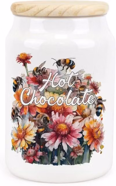 Purely Home Flowers & Bees Ceramic Hot Chocolate Storage Canister in Yellow and White with Floral Design