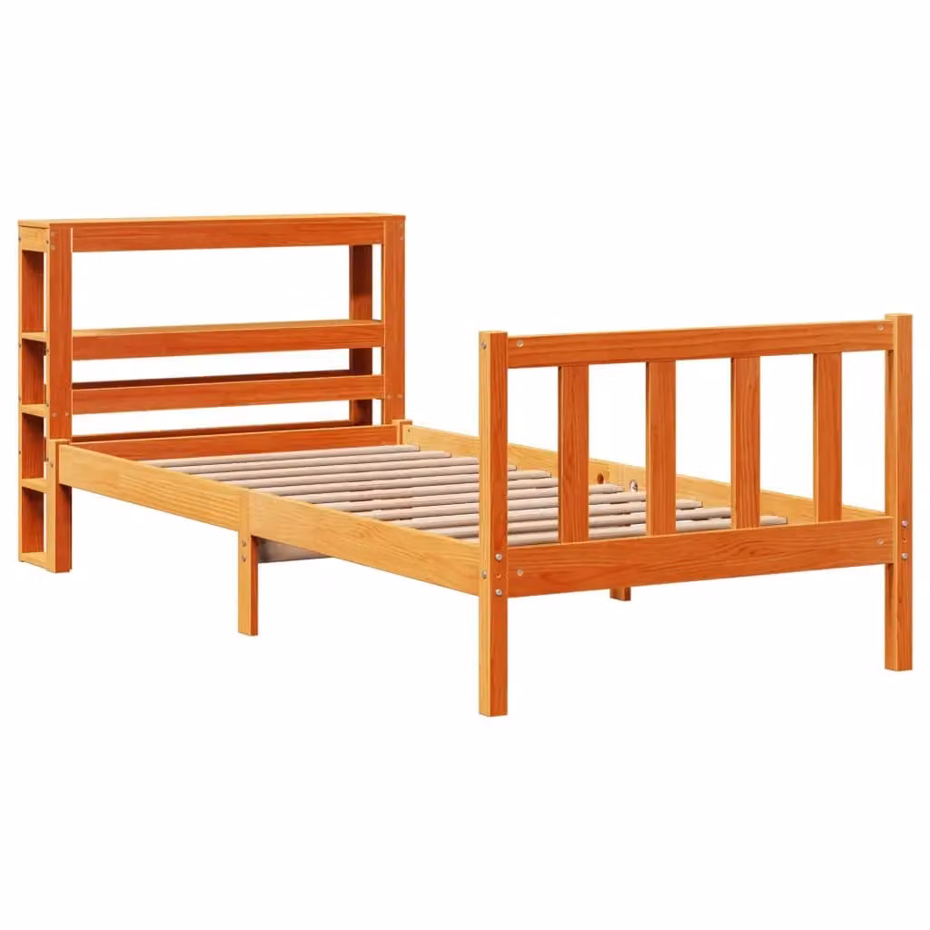 Berkfield Home Small Single Pine Bed Frame with Headboard and Side Compartments in Wax Brown, W/D/H: 75 x 190 x 75 cm – 2