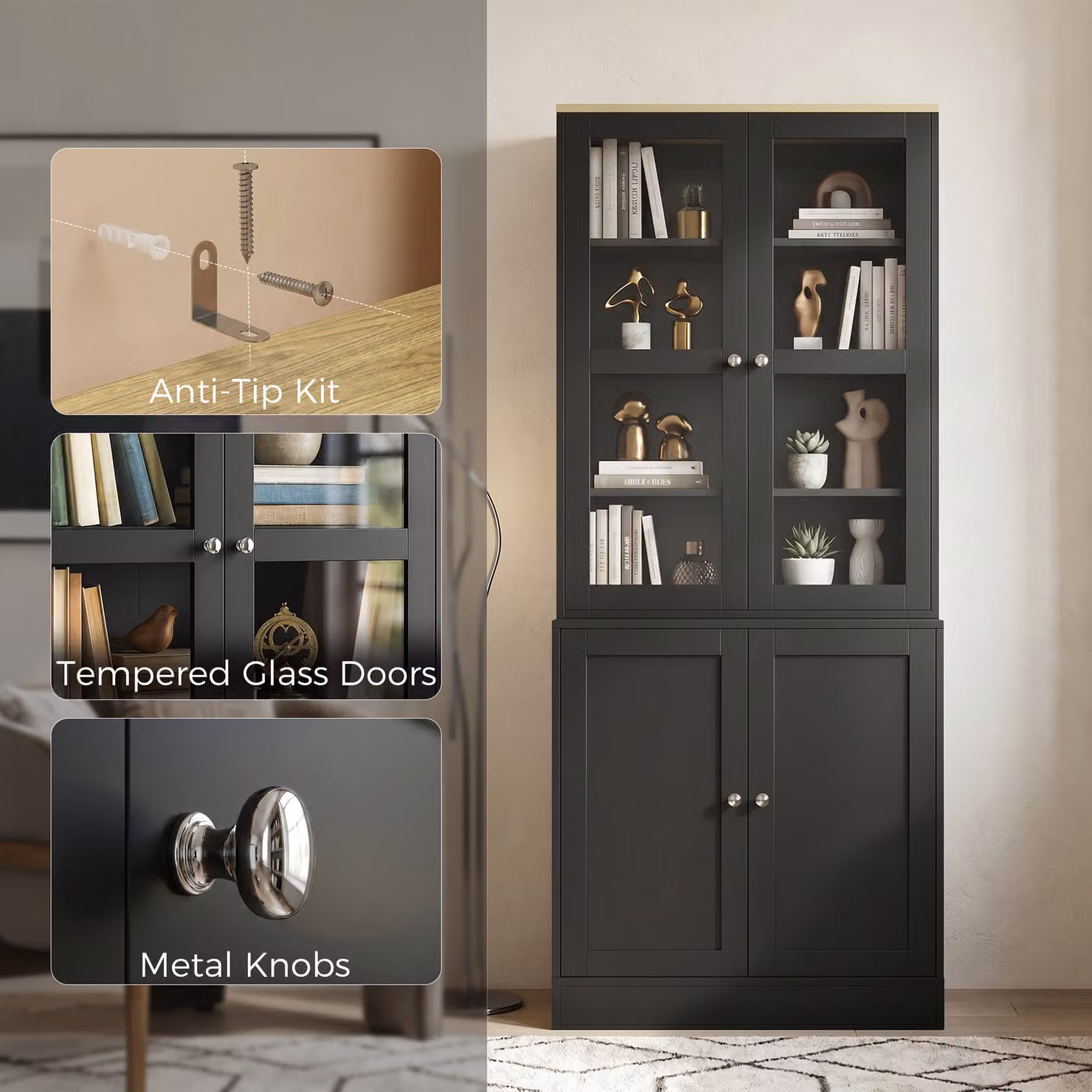 HOMCOM Modern Black Bookcase Display Storage Unit with Glass Doors and Adjustable Shelves, H: 179.0 cm, W: 76.0 cm, D: 30.0 cm – 5