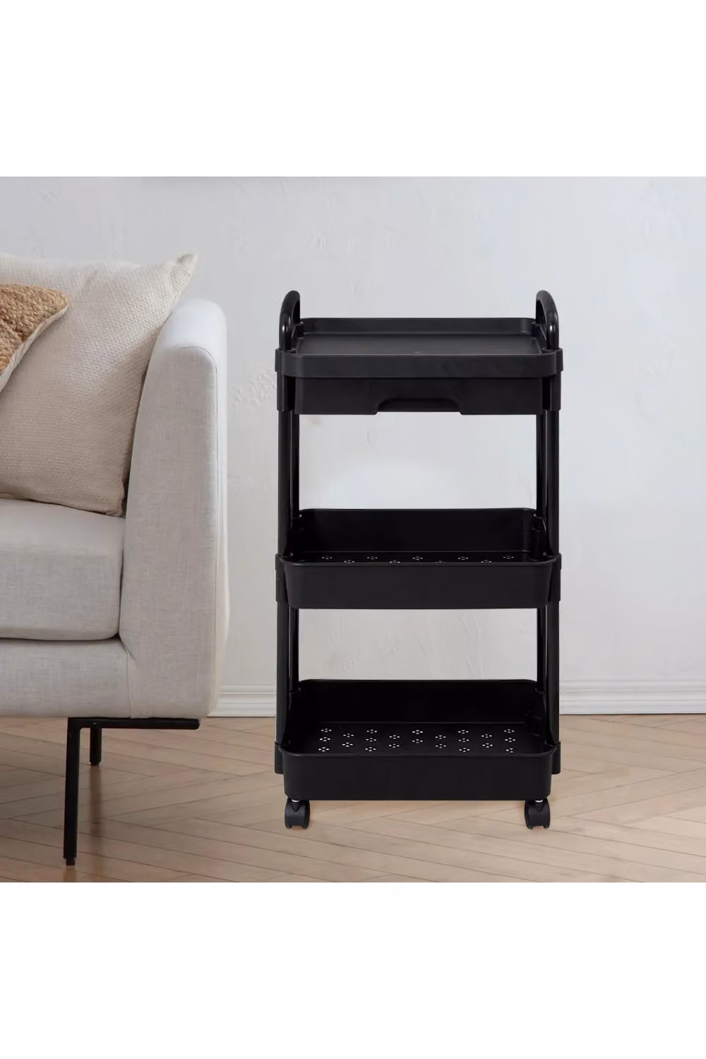 Living and Home 3-Tier Rolling Kitchen Trolley with Drawer and Lockable Wheels in Black – 3