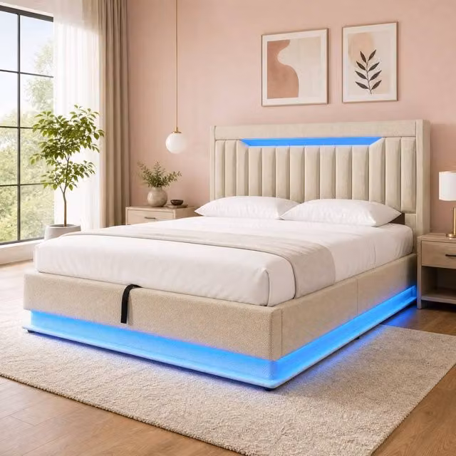 STILVORA 5ft King Bed Frame in Beige Linen with USB Charging Port, Bedside Shelf, Under-Bed Lighting and Lift-Up Base – 1