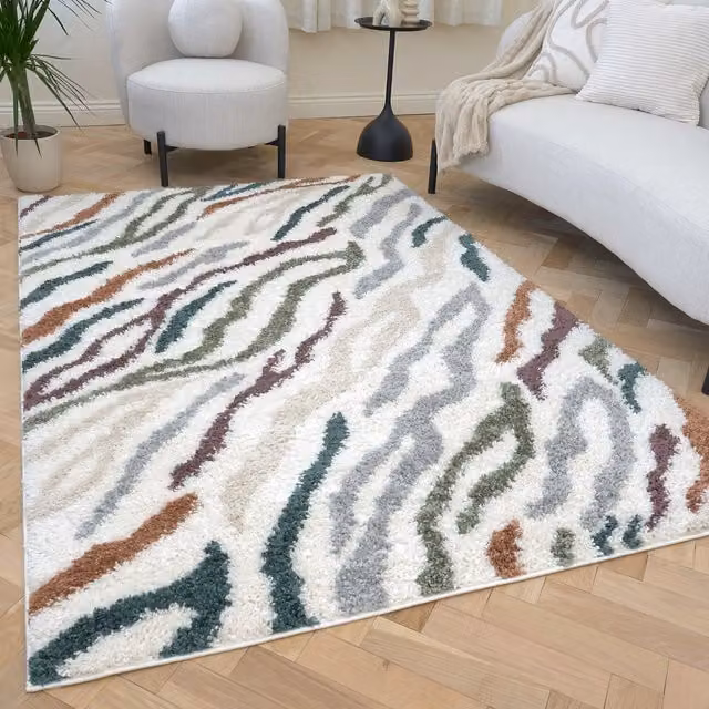 The Rugs Moodi Abstract Design Patterned Shaggy Rug in Multicolour and Beige