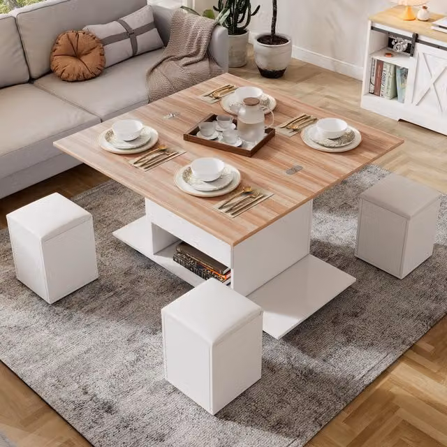 Aosom UK Lift-Top Coffee Table with Hydraulic Lift and 2 Open Shelves, Natural and White, W: 100 cm, D: 50 cm, H: 48 cm – 1