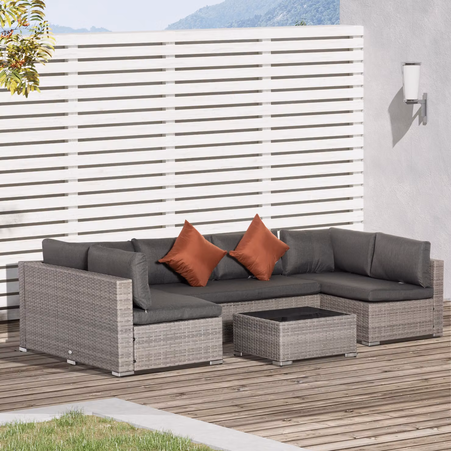 Outsunny 6-Seater L-Shape Garden Rattan Furniture Set with Upholstered Cushions and Tempered Glass Coffee Table in Black and Grey – 2