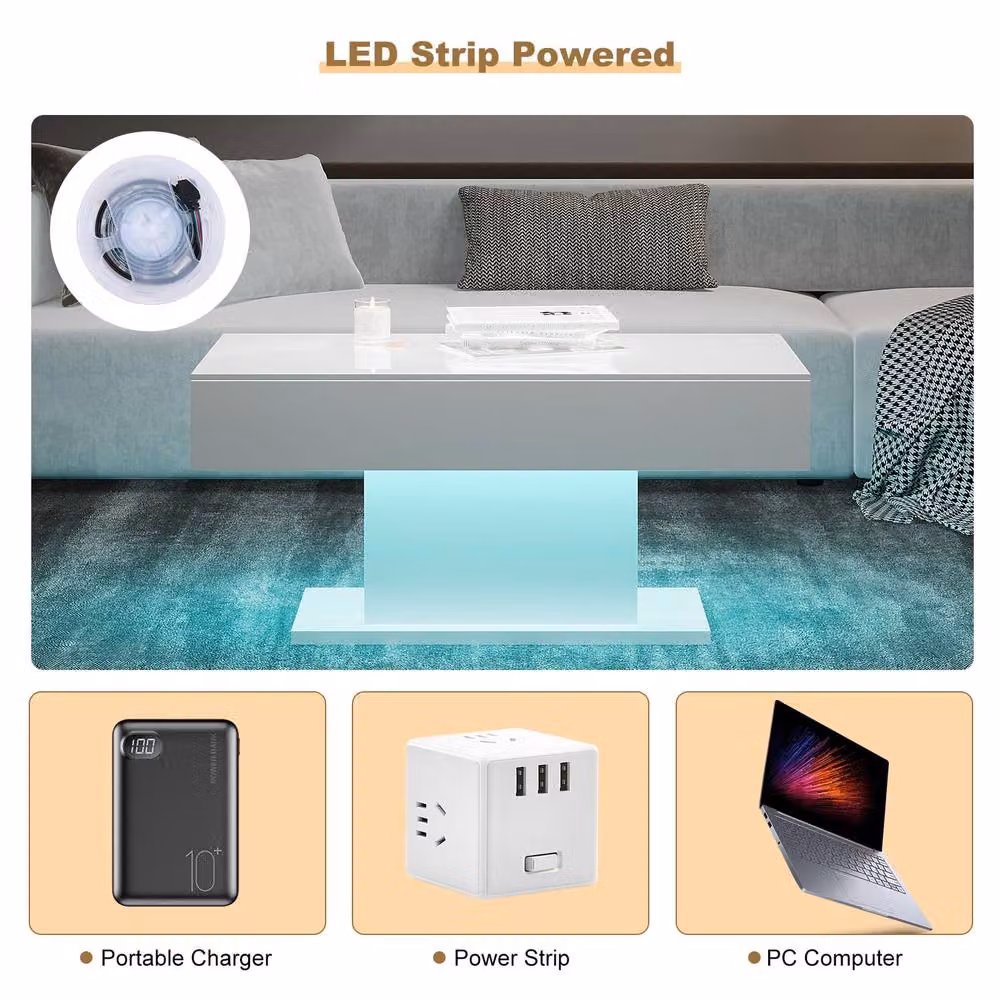 KEEPREAPER White High Glossy Rectangular Wooden LED Coffee Table – 6