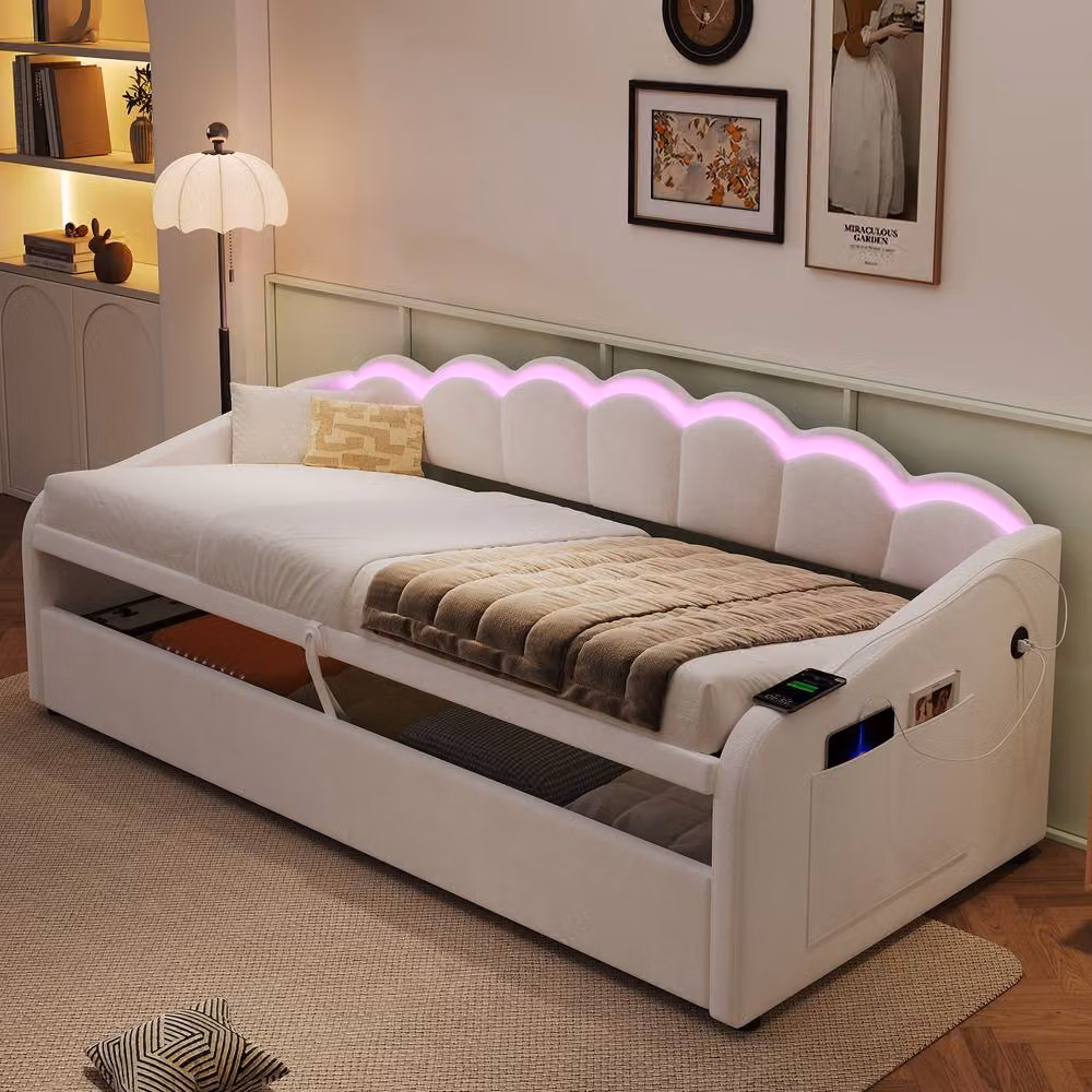 Matteo Velvet Upholstered Single Daybed in Beige with RGB LED Lighting, USB Charging Port and Lift-Up Storage Base, W/D/H: 90 x 200 cm – 2