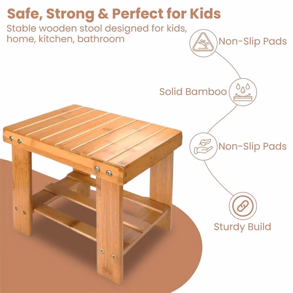 Nordara Heavy Duty Bamboo Multi Purpose Step Stool and Seat with Storage Shelf in Natural Wood – 2