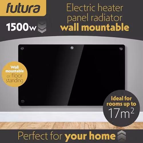 Futura 1500W Black Glass Electric Convector Panel Heater, Wall Mounted or Freestanding with Thermostat and Open Window Detection – 2