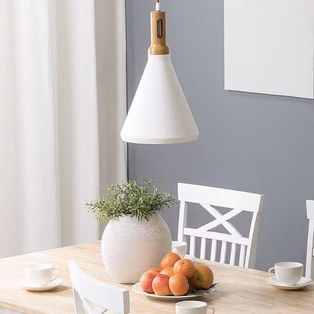 Wyld and Coco Bell Shape Pendant Lamp in White Matte Aluminium with Wood Top and Red Cord – 1