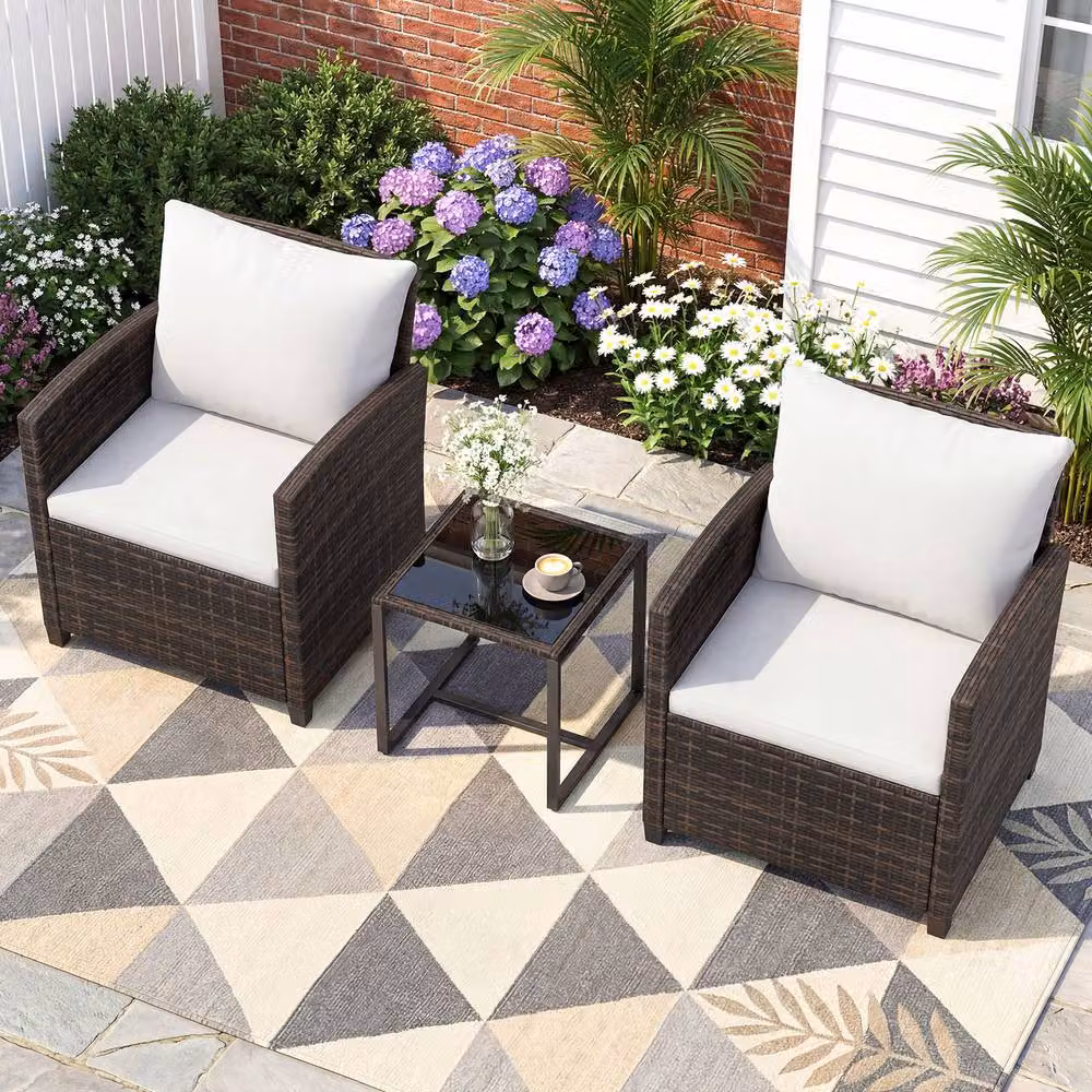 Costway 3-Piece PE Rattan Bistro Patio Furniture Set with Cushions in Beige – 7