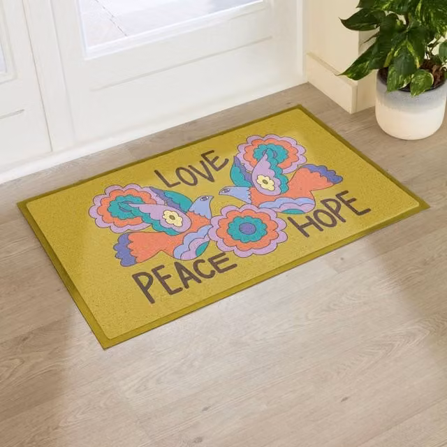Artsy Mats Elizabeth Olwen Love Peace Hope Indoor/Outdoor Doormat, Yellow, W/D/H: 90 x 60 cm