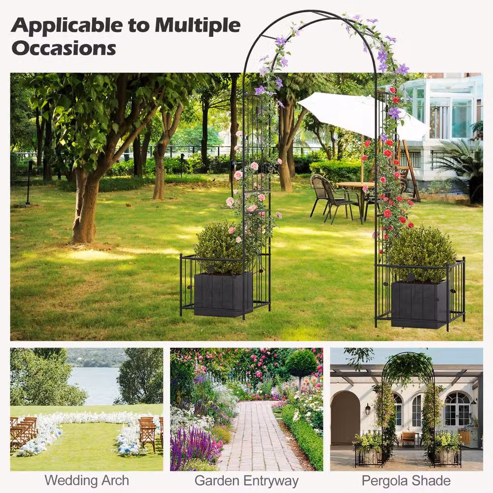 Costway Metal Garden Arbor Arch Trellis with Planter Boxes and Ground Stakes in Black – 7