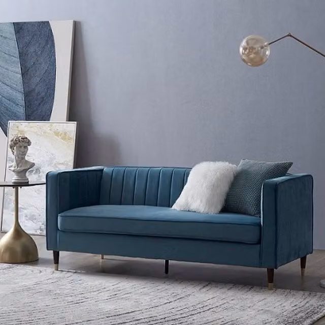 Home Detail Thomas 3 Seater Blue Velvet Upholstered Sofa with Scatter Cushions – 1