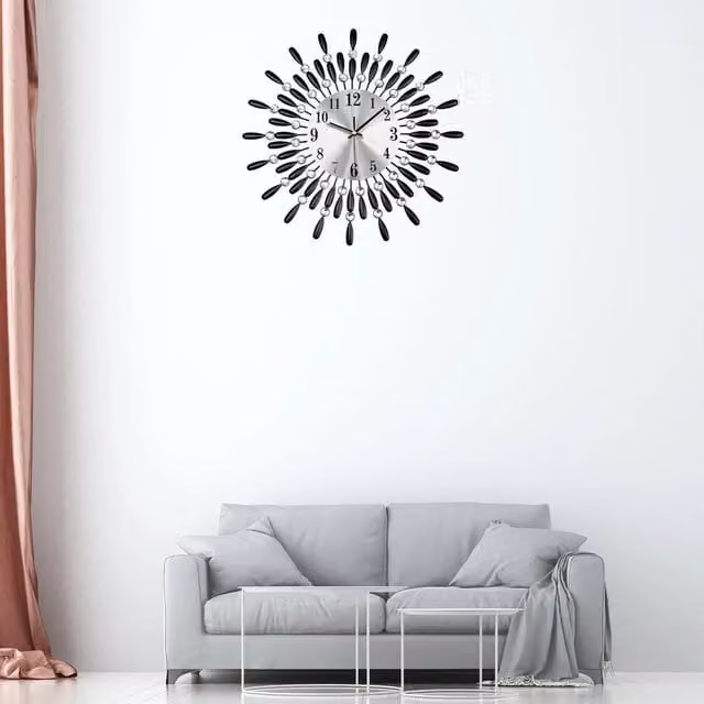 EONLION Modern Round Diamante Analogue Wall Clock in Silver, Diameter: 100 cm