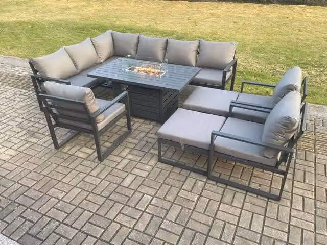 Fimous Aluminium Outdoor Garden Furniture Set with Corner Sofa, Gas Fire Pit Dining Table, 3 Chairs and 2 Footstools in Dark Grey