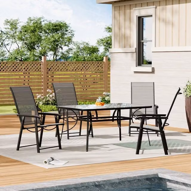 Livingandhome Black Outdoor Bistro Set with Rectangular Glass Table and Four Folding Chairs
