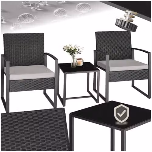tectake 3 Piece Rattan Bistro Set with Glass Top and Metal Frame in Grey and Black – 1