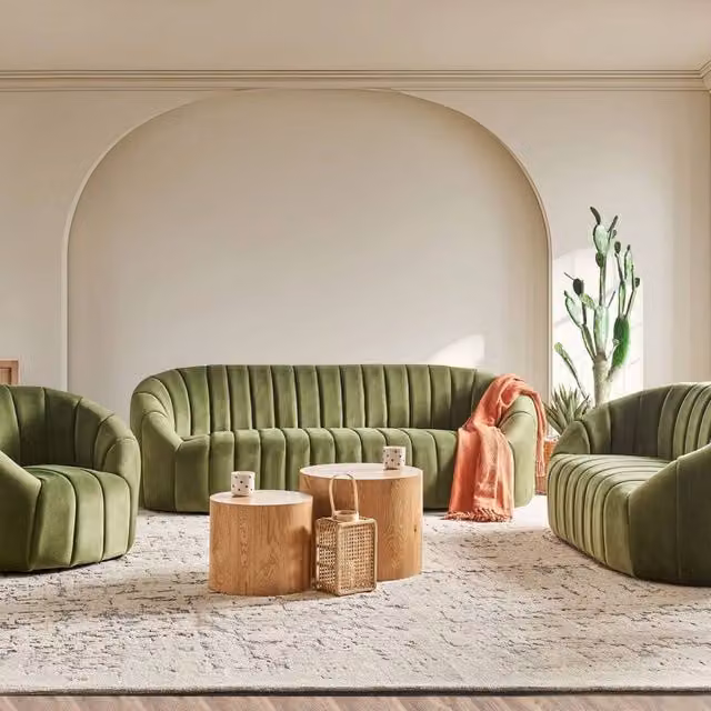 Wyld and Coco Six-Seater Velvet Sofa in Dark Green with Tufted Low Back and Solid Wood Frame – 1
