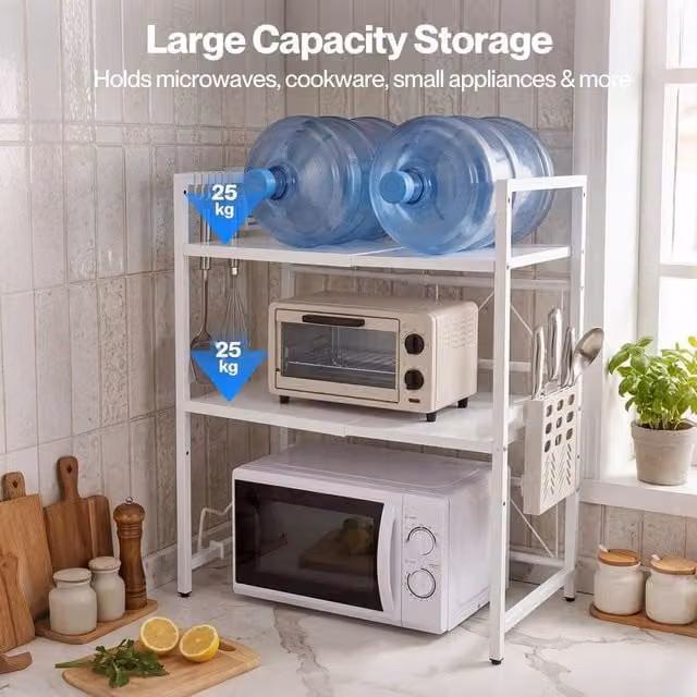 KORVIXA 3 Tier Expandable Microwave Oven Rack Stand in White with Adjustable Shelves, W: 80 cm, D: 60 cm – 1