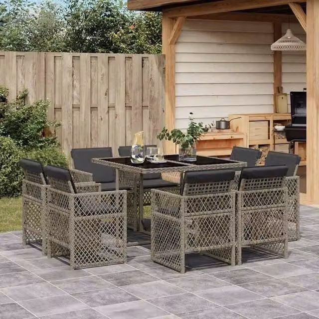 Berkfield Home 9 Piece Grey Poly Rattan Garden Dining Set with Cushions – 1