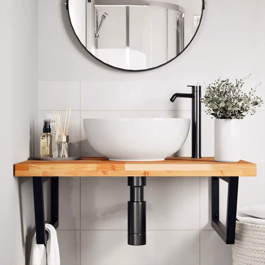 Berkfield Home Wall Mounted Basin Shelf in Brown Steel and Solid Acacia Wood – 2
