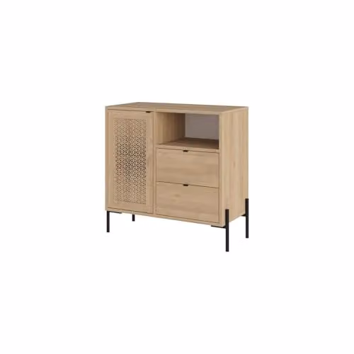 FWStyle Sapphire Oak Storage Cabinet with 1 Door and 2 Drawers, Black Metal Frame and Brown Wood, W: 100 cm, H: 80 cm, D: 39.6 cm – 1