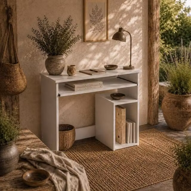 Wyld Haus Rolu Compact White Computer Desk with Keyboard Tray and Storage, W: 80 cm, D: 45 cm, H: 75 cm
