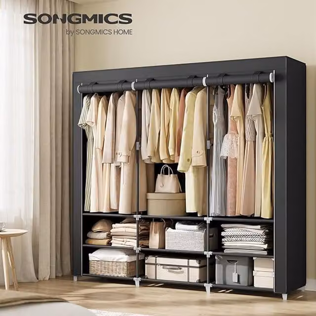 SONGMICS Portable Clothes Wardrobe with Hanging Rods and Internal Shelves, Black, H 188 x W 176 x D 45 cm
