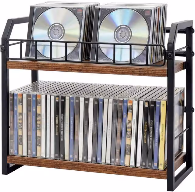 FORGEVIO 2-Tier Industrial CD and DVD Storage Rack in Brown and Multicolour Wood and Metal
