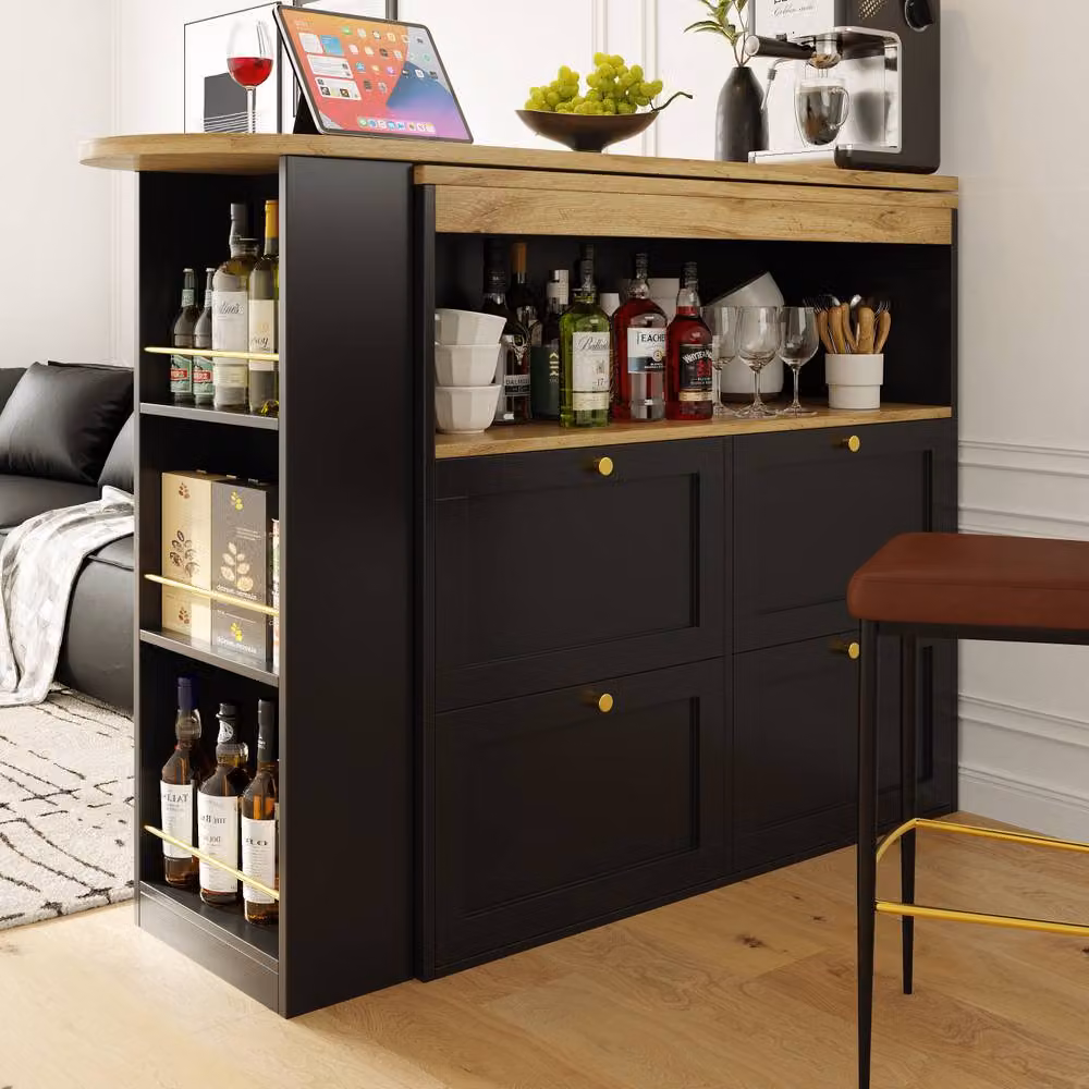 ModernLuxe Swivel Bar Cabinet in Black with 4 Drawers and 3 Storage Shelves, W/D/H: 105 x 39 x 102 cm – 3