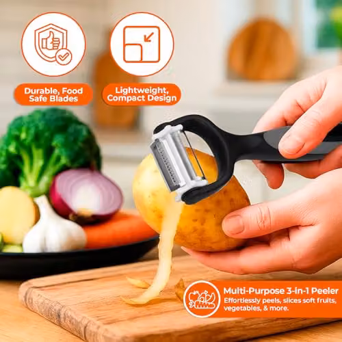 Innoteck Essentials 3 in 1 Multi-Functional Stainless Steel Peeler with Ergonomic Handle and 360 Degree Head Rotation in Black and Grey – 3
